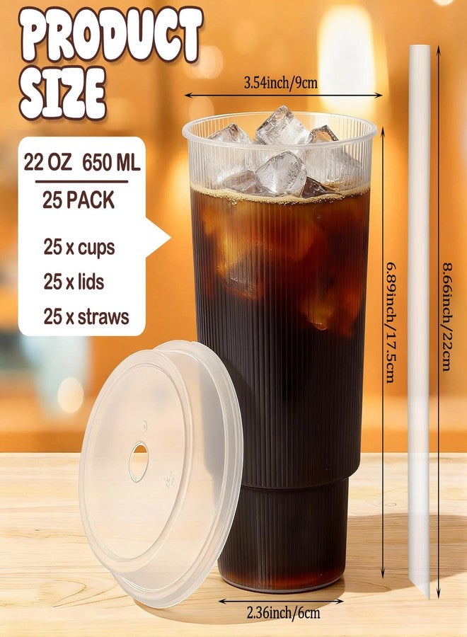 Ferrochef 25 Set 22 oz Plastic Ribbed Cups with Lids and Straws Disposable Plastic Ribbed Iced Coffee Cup for Cold Beverage Juice Smoothie Crystal for Coffee Shops Party Catering - Image 2